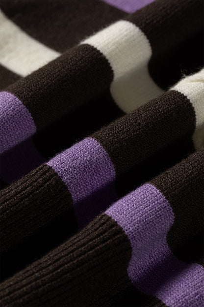 Brown Stripe Embroidered Detail Drop Shoulder Pullover Sweater