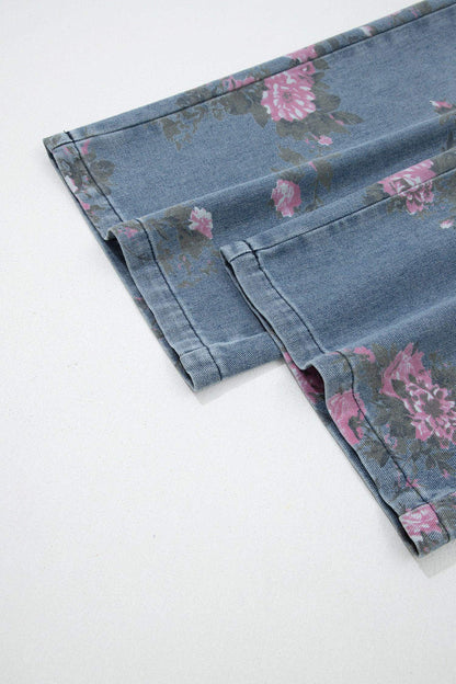 Beau Blue Floral Print Elastic Waist Pull On Casual Jeans - Sweet Fashion Wholesale