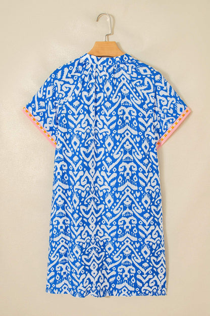 Blue Western Fashion Print Striped Color Block Patchwork Shift Mini Dress