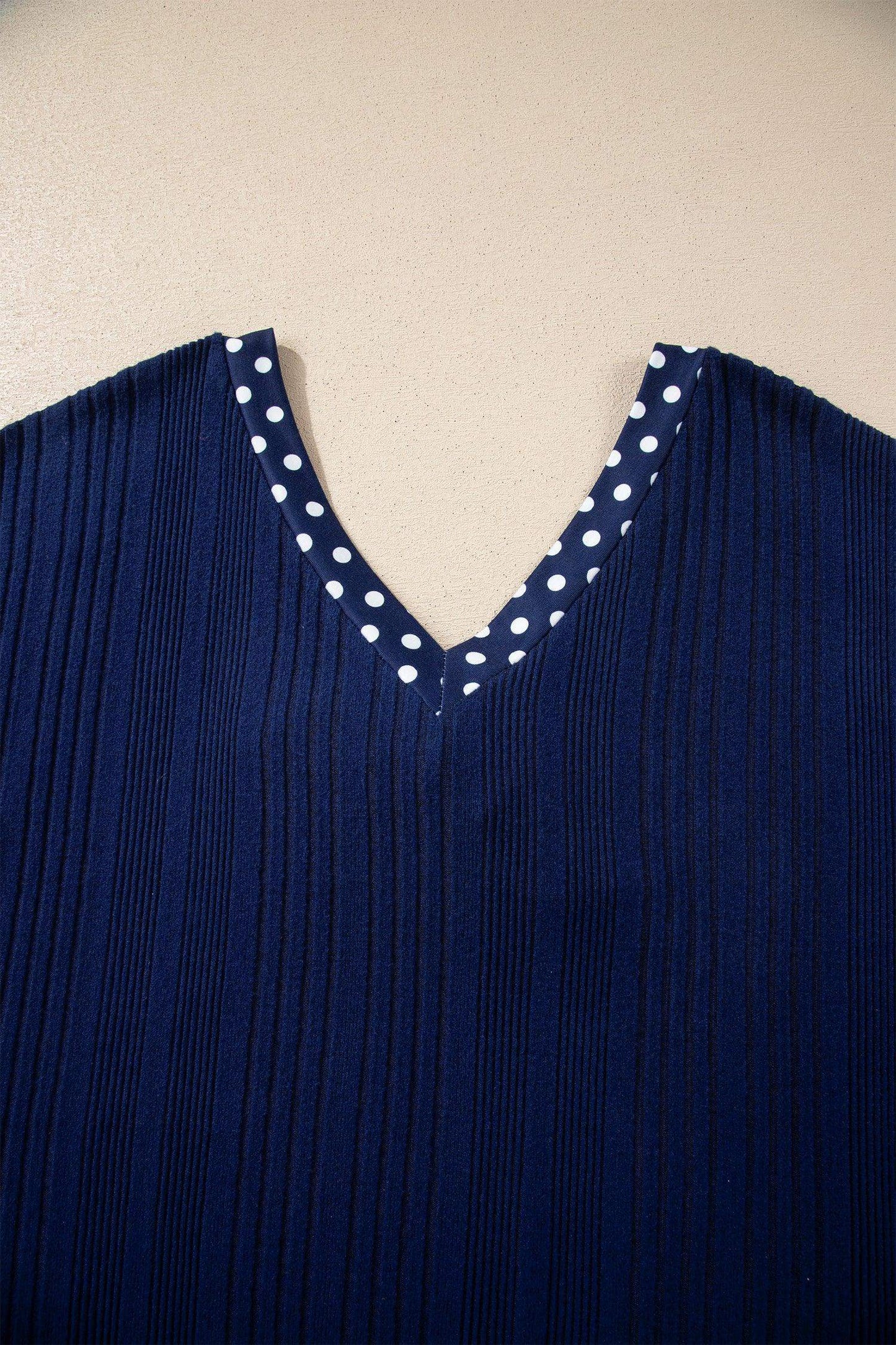 Dirty blue Polka Dot Trimmed V Neck Bow Tie Textured Ribbed Top - Sweet Fashion Wholesale