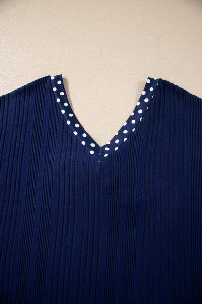 Dirty blue Polka Dot Trimmed V Neck Bow Tie Textured Ribbed Top - Sweet Fashion Wholesale