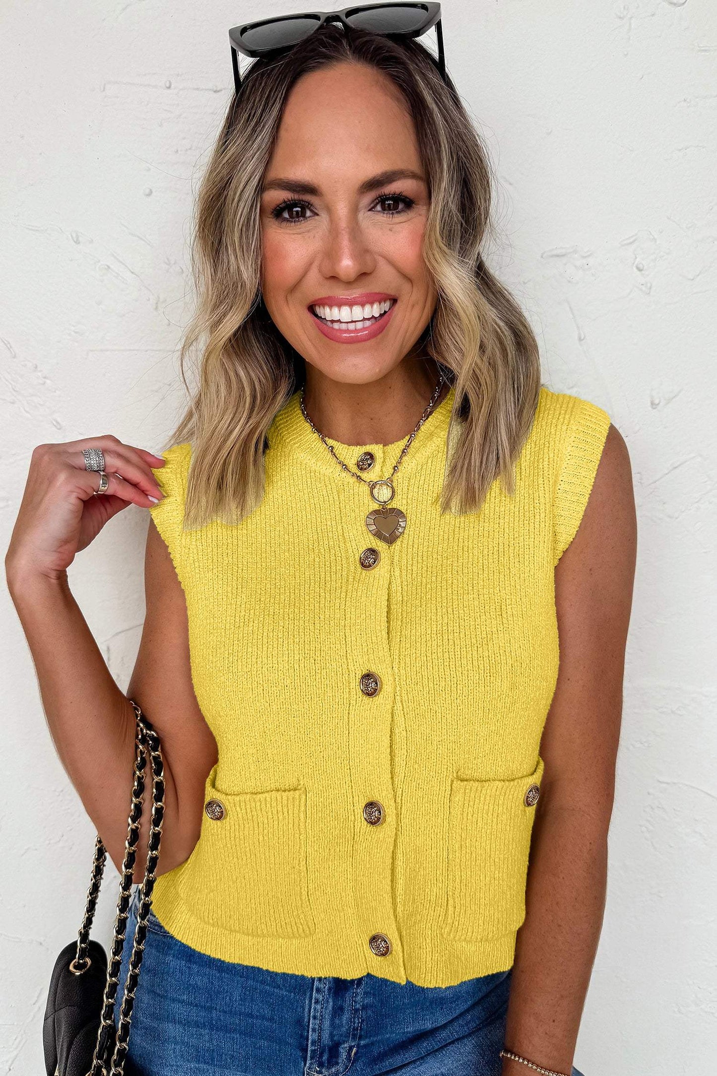 White Solid Color Sleeveless Knit Button Pocketed Sweater