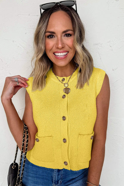 White Solid Color Sleeveless Knit Button Pocketed Sweater