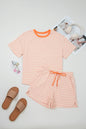 Pink Stripe Contrast Neck Loose Tee and Drawstring Shorts Set - Sweet Fashion Wholesale