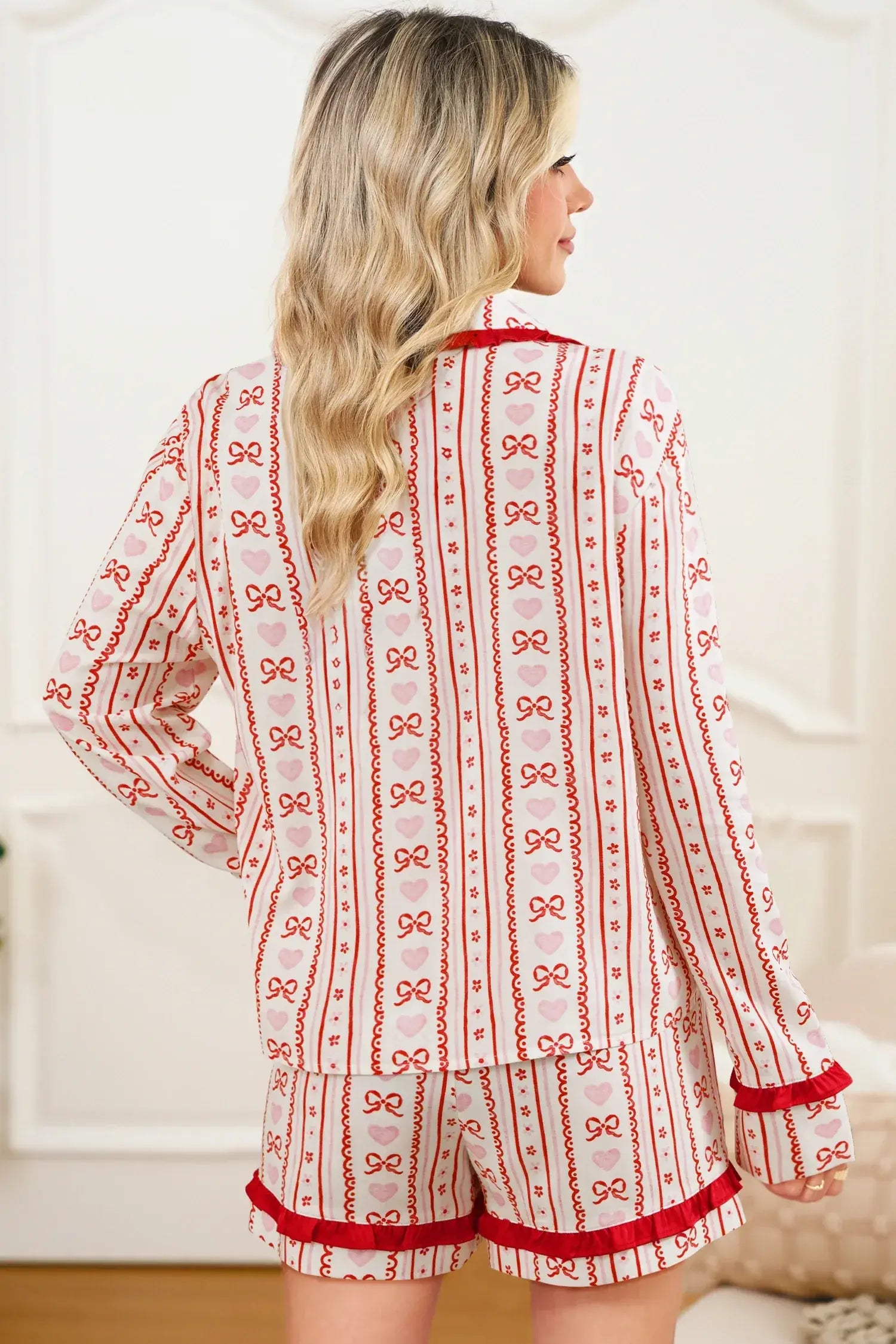 Red Sweet Floral Heart Bow Print Contrast Trim Long Sleeve Shirt Pajama Short Set - Sweet Fashion Wholesale