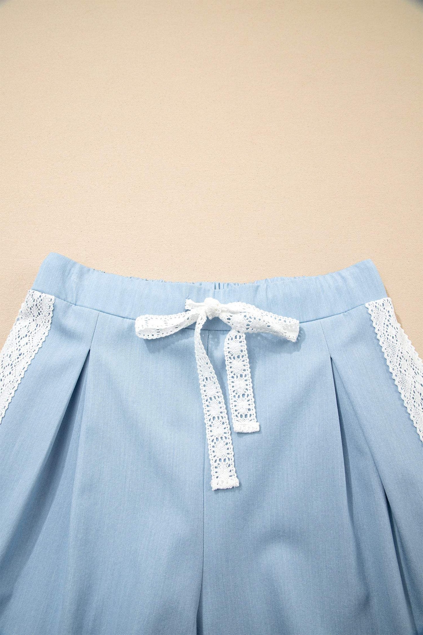 Beau Blue Lace Accent Floral Patched Pocket Pleated Wide Leg Slouchy Pants - Sweet Fashion Wholesale