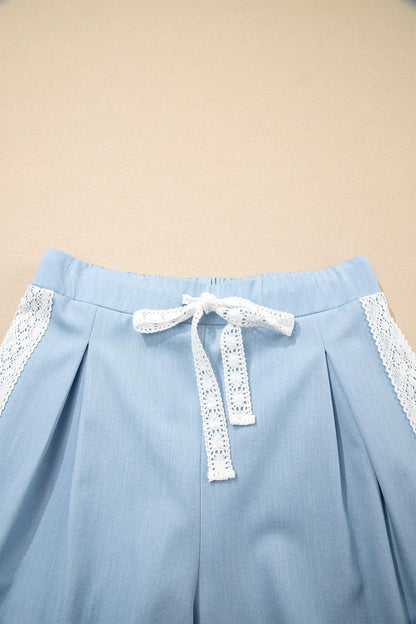 Beau Blue Lace Accent Floral Patched Pocket Pleated Wide Leg Slouchy Pants - Sweet Fashion Wholesale
