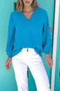 Sky Blue Frilled V Neckline Bracelet Sleeve Crinkled Blouse