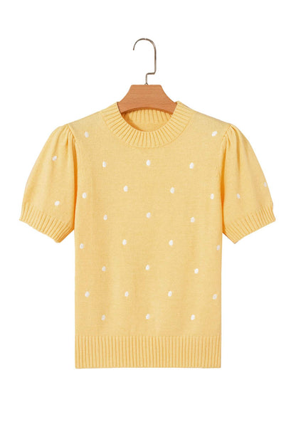 Yellow Cream Elegant Polka Dot Bubble Short Sleeve Sweater