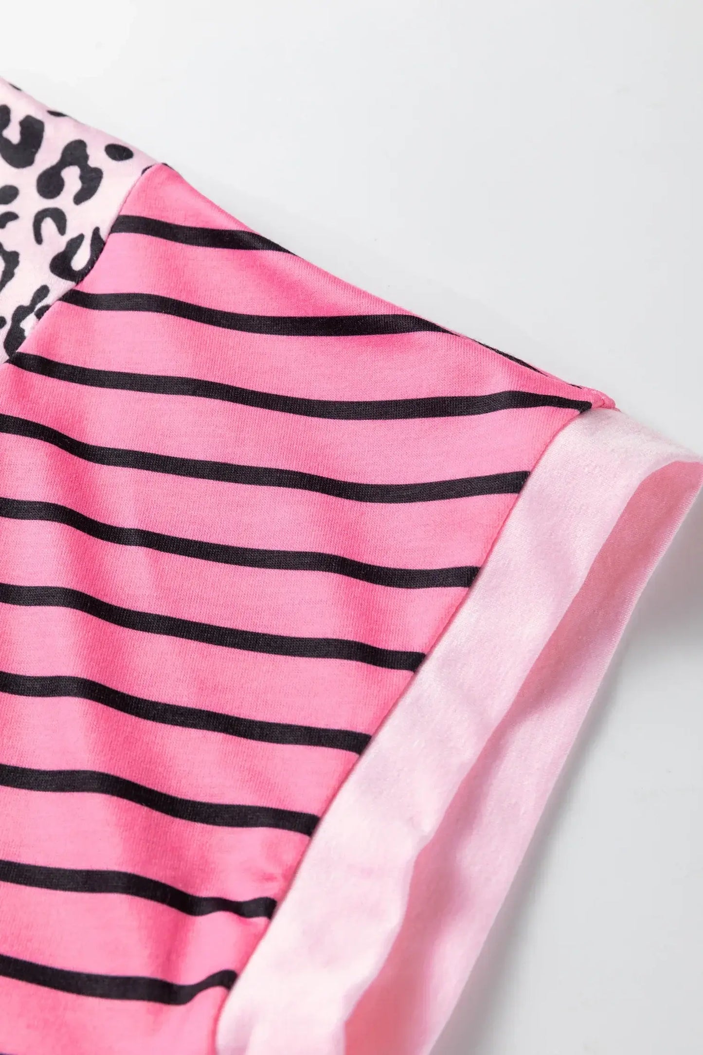 Pink Leopard Striped Patchwork Side Slit Loose Short Sleeve Top - Sweet Fashion Wholesale