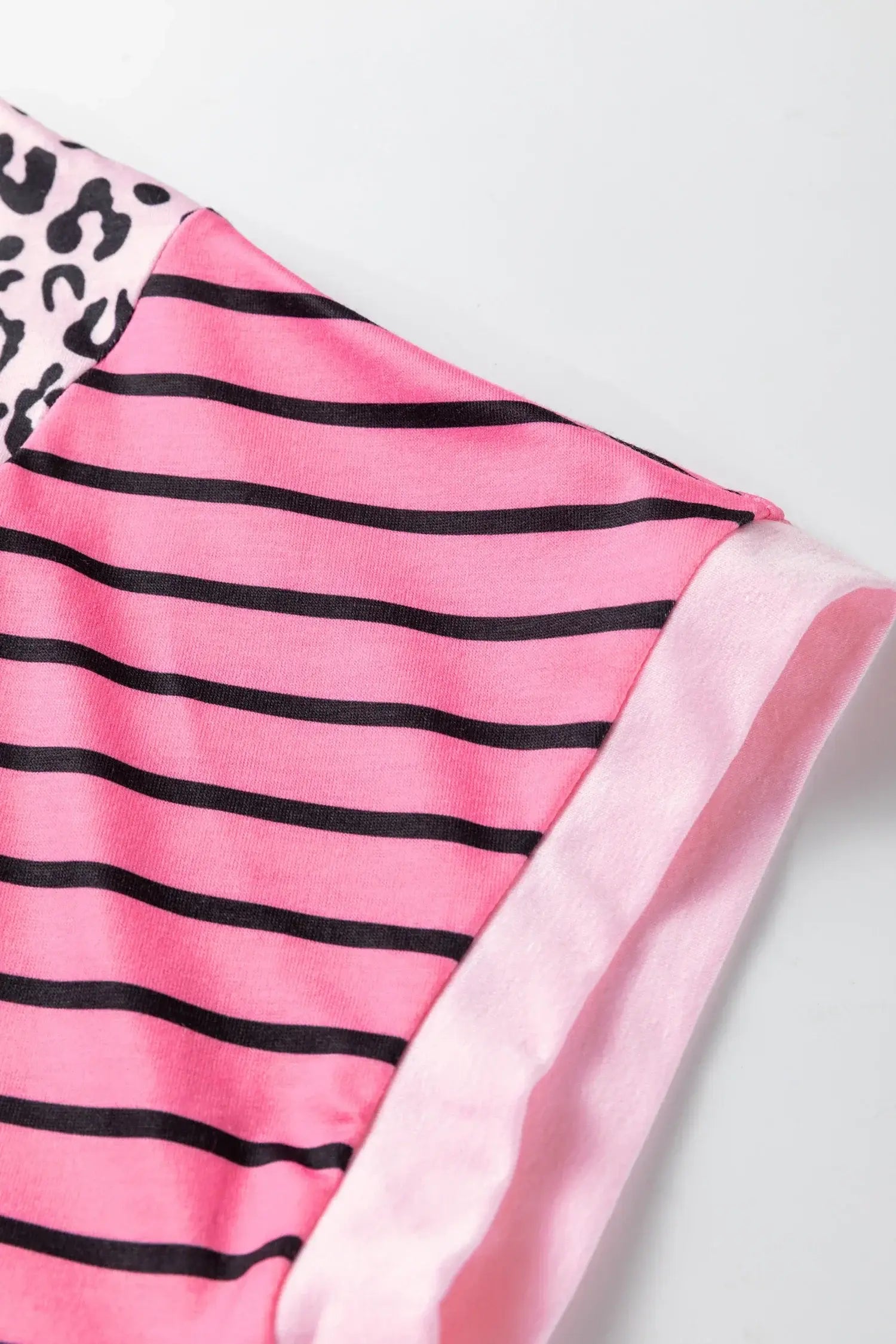 Pink Leopard Striped Patchwork Side Slit Loose Short Sleeve Top - Sweet Fashion Wholesale
