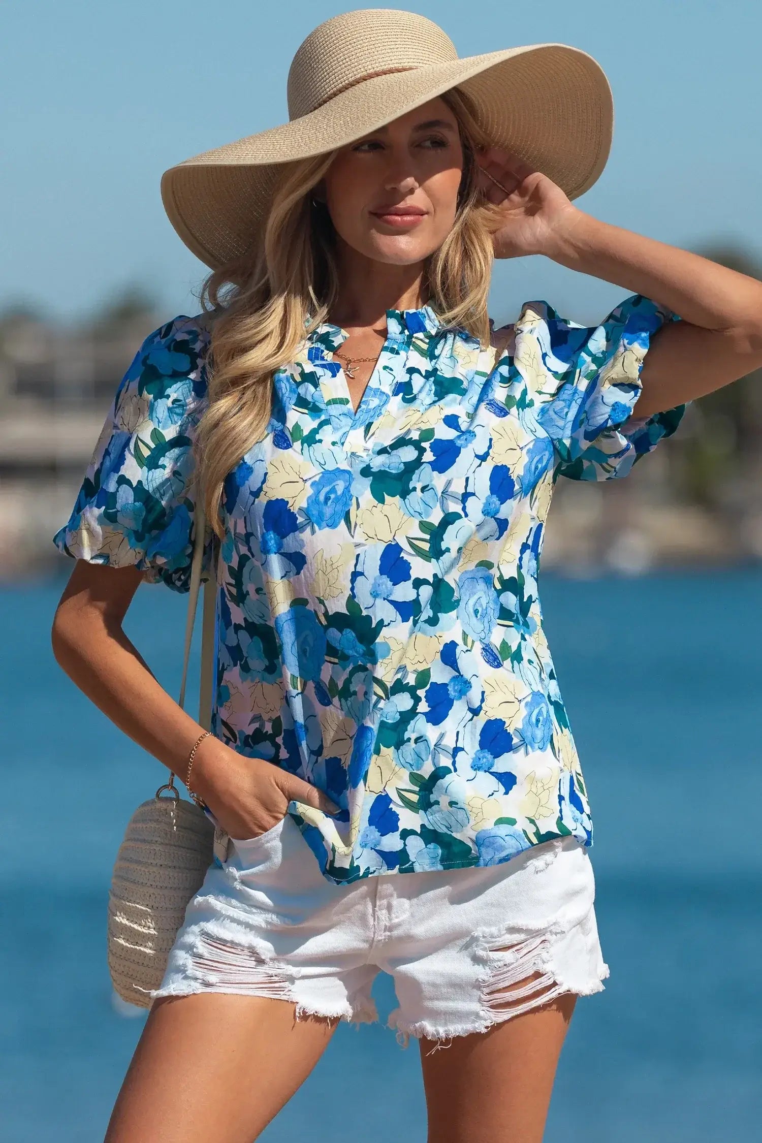 Sky Blue Floral Print Short Puff Sleeve V Neck Blouse - Sweet Fashion Wholesale