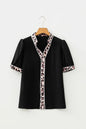 Black V Neck Short Puff Sleeve Contrast Striped Leopard Trim Button Down Shirt - Sweet Fashion Wholesale