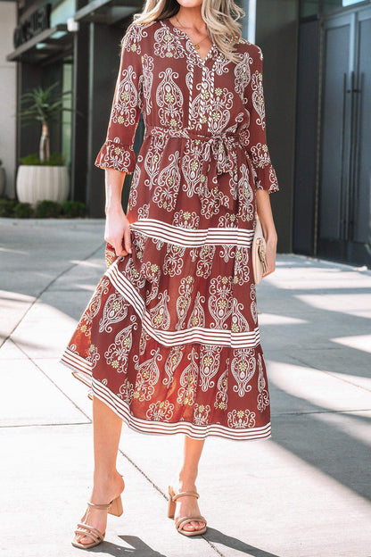 Brown Floral Print Belted Striped Trim Tiered Maxi Dress - Sweet Fashion Wholesale