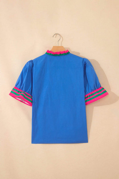 Sky Blue Striped Frilled Collar Ruffled Short Sleeve Blouse