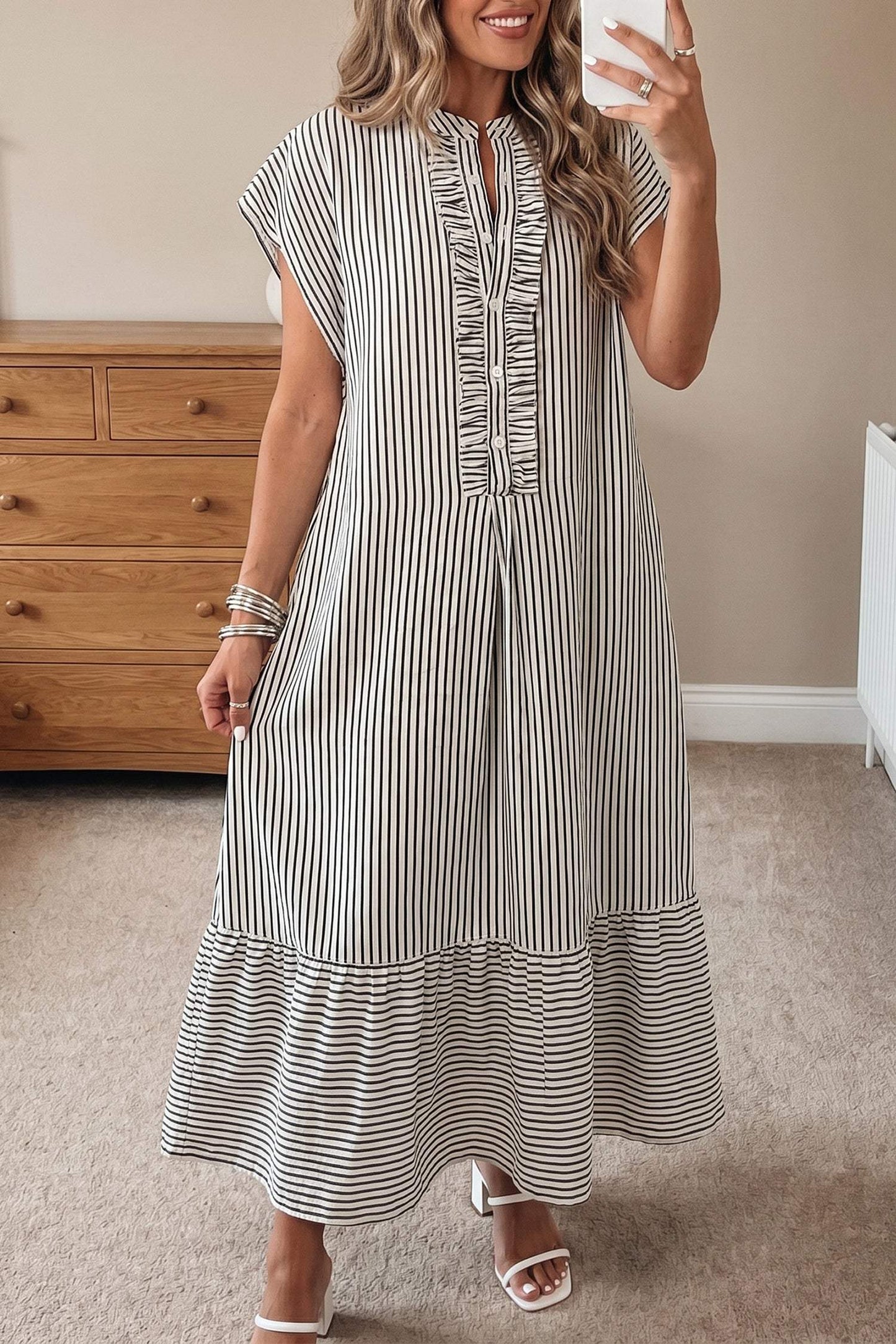 Red Stripe Frilled Detail Half Buttons Short Sleeve Long Dress