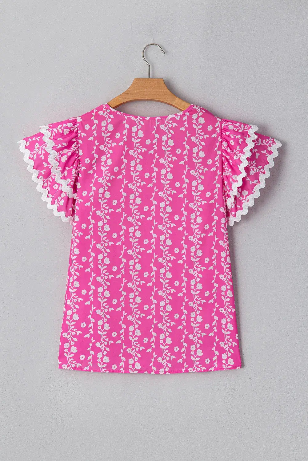Pink Floral Print Ric-rac Tiered Ruffled V Neck Blouse