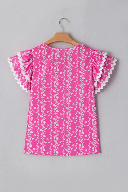 Pink Floral Print Ric-rac Tiered Ruffled V Neck Blouse