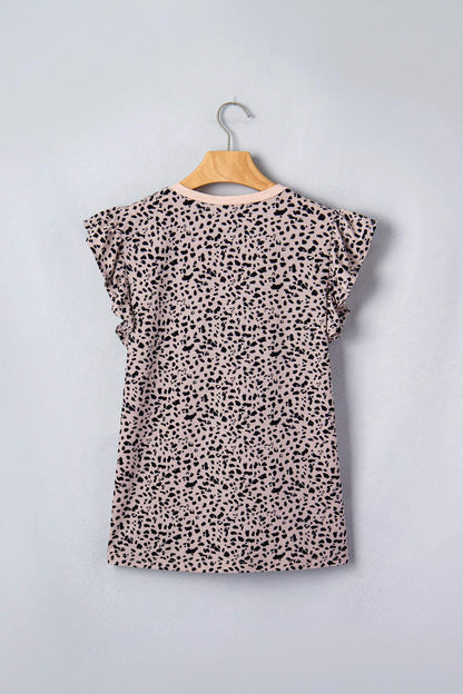 Black Cheetah Print V Neck Ruffle Trim Loose Tank Top