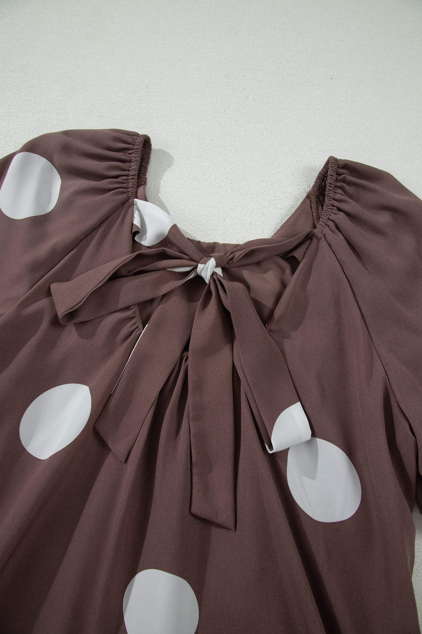 Brown Polka Dot Print Knot Back Short Puff Sleeve Loose Mini Dress