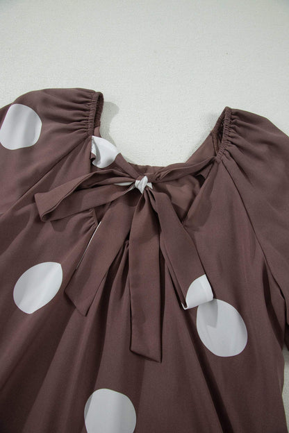 Brown Polka Dot Print Knot Back Short Puff Sleeve Loose Mini Dress