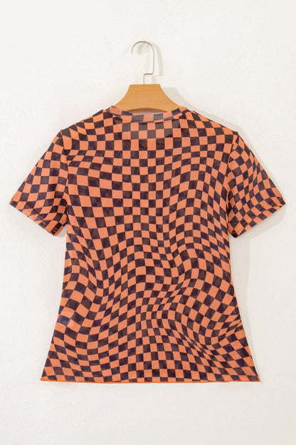 Orange Checkered Print Crew Neck Mesh T Shirt
