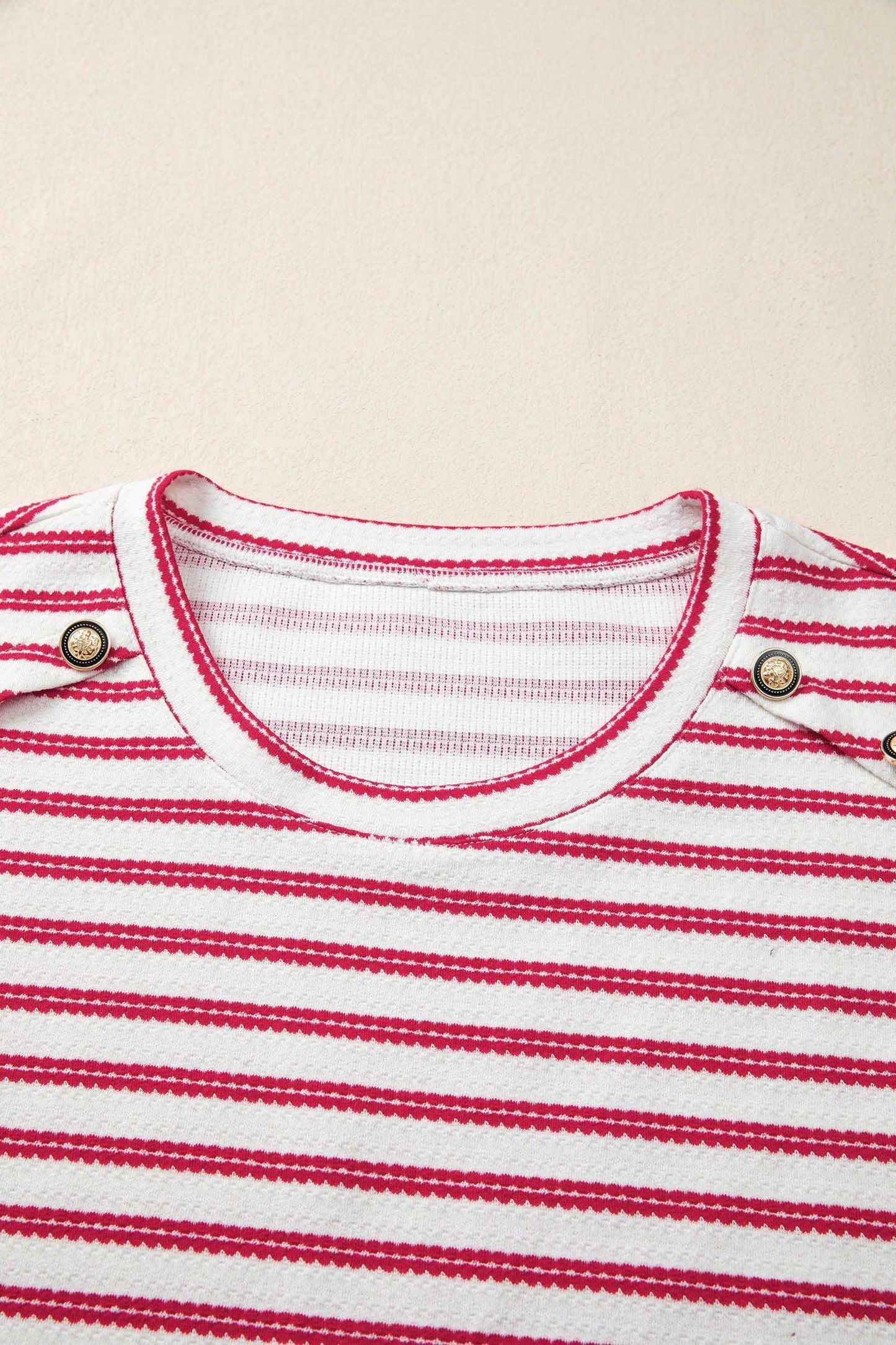 Red Stripe Textured Knit Button Detail Short Sleeve Casual Tee - Sweet Fashion Wholesale