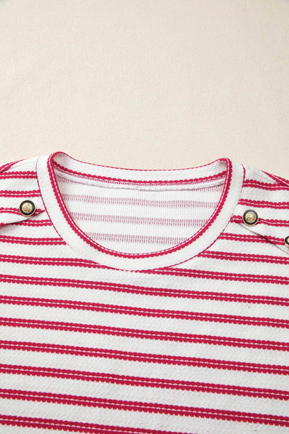 Red Stripe Textured Knit Button Detail Short Sleeve Casual Tee - Sweet Fashion Wholesale