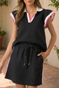 Sky Blue Preppy Striped Trim V Neck Polo Tee Drawstring Skirt Set