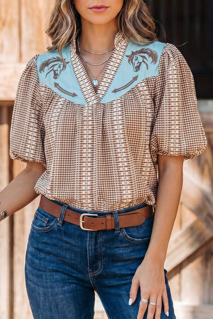Red Western Pony Embroidered Yoke Puff Sleeve Gingham Blouse