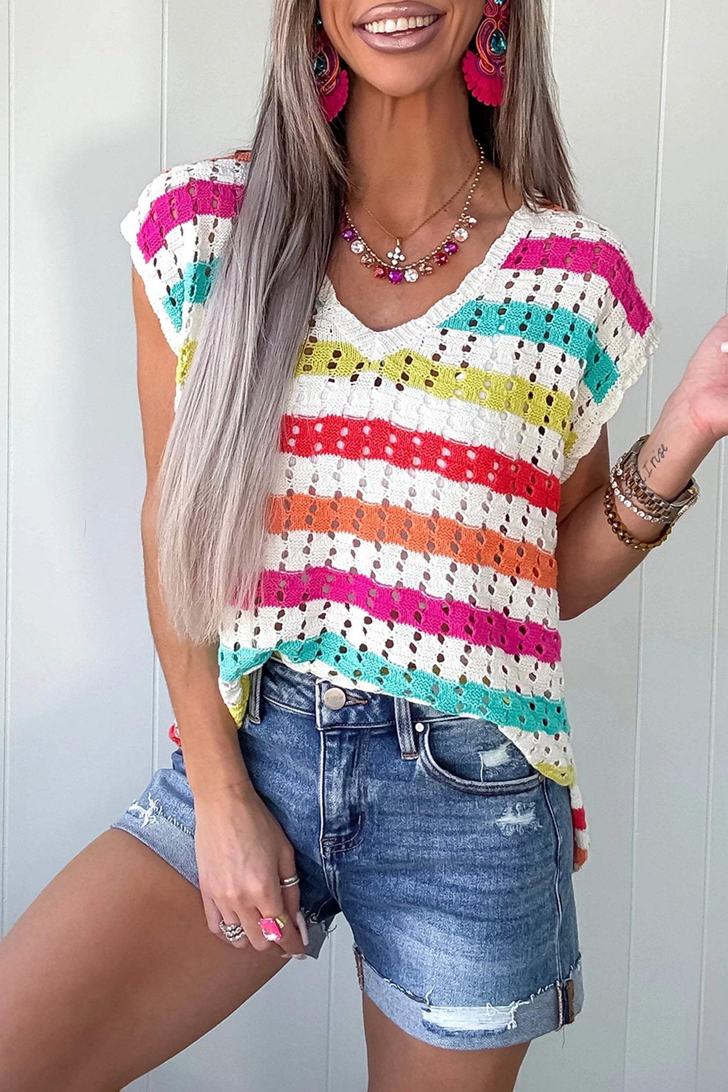 Multicolour Striped Eyelet Knit V Neck Sweater Tee