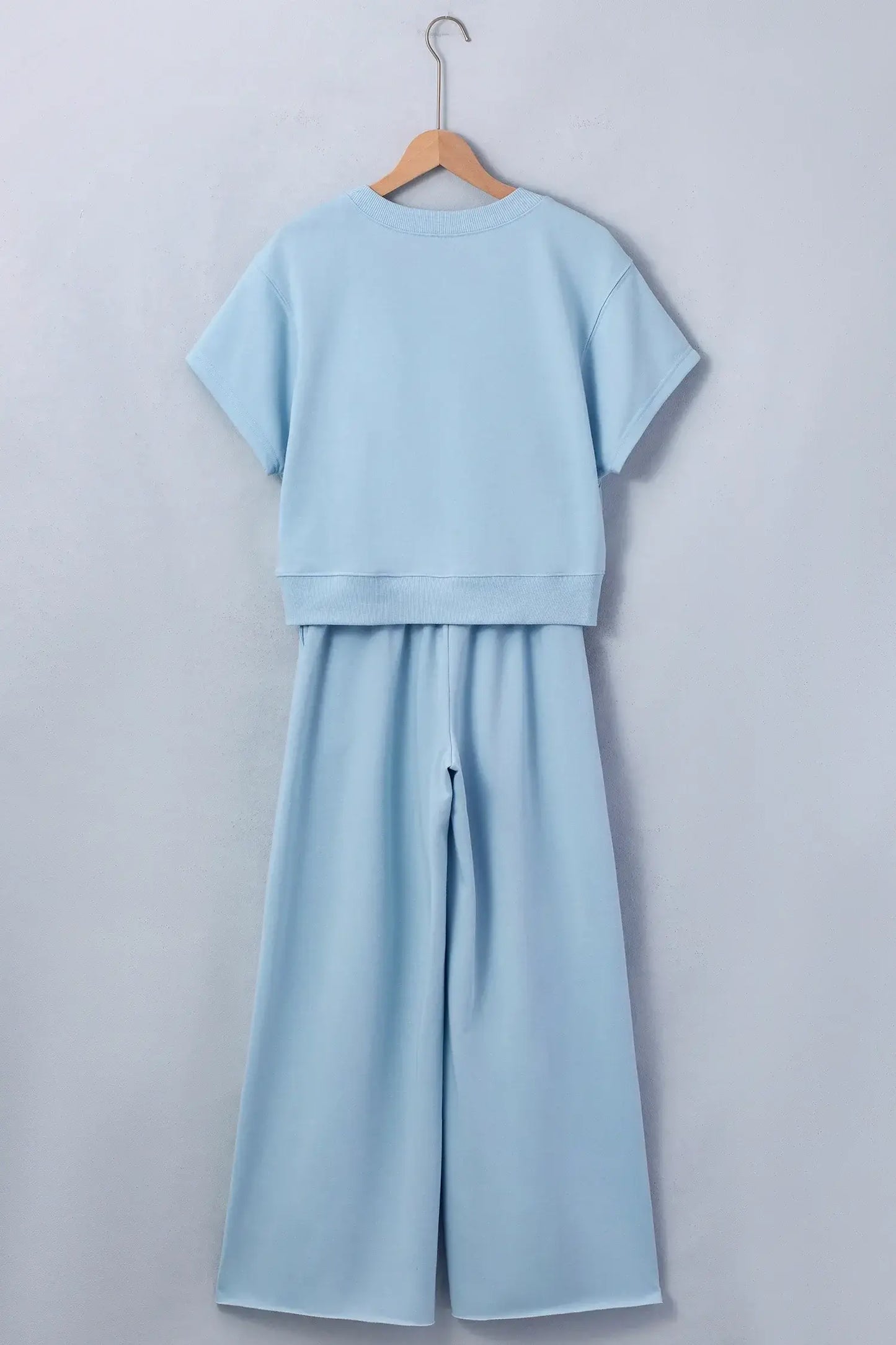 Clearly Aqua Solid Color Loose Tee Drawstring Wide Leg Pants 2pcs Outfit - Sweet Fashion Wholesale