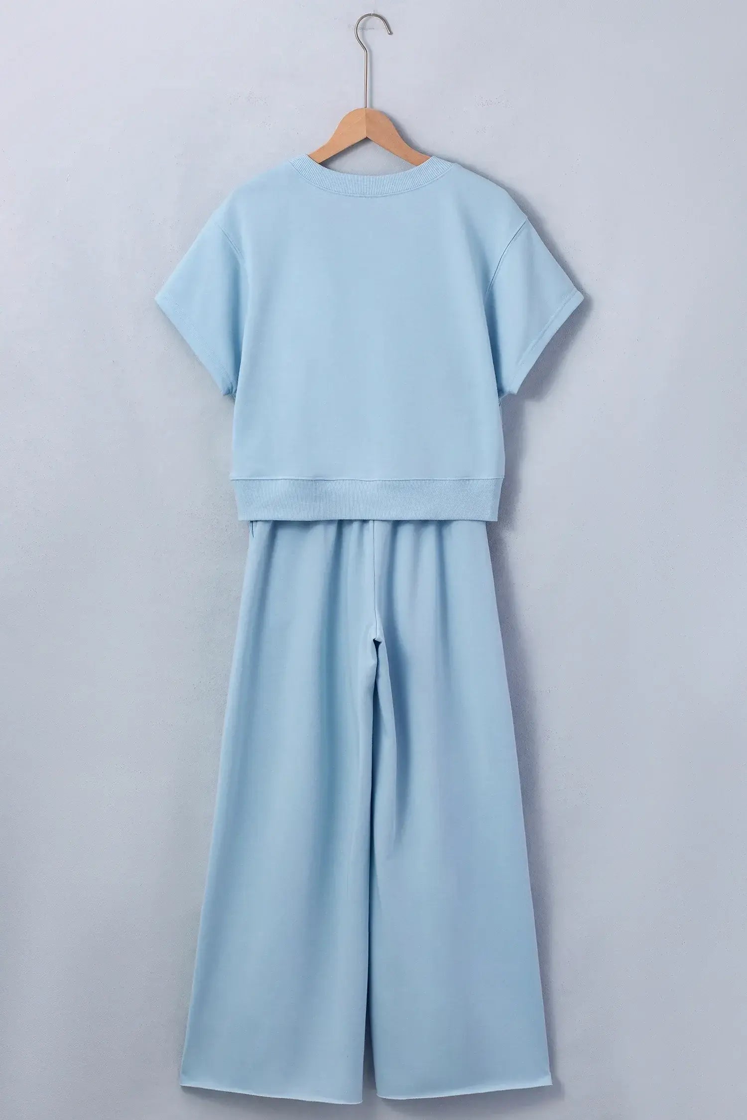 Clearly Aqua Solid Color Loose Tee Drawstring Wide Leg Pants 2pcs Outfit - Sweet Fashion Wholesale