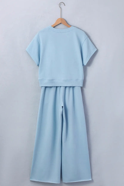 Clearly Aqua Solid Color Loose Tee Drawstring Wide Leg Pants 2pcs Outfit - Sweet Fashion Wholesale