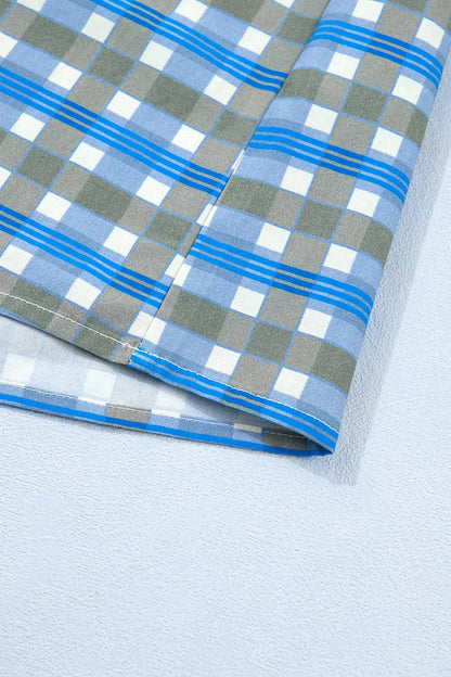 Sky Blue Plaid Long Sleeve Frilled Detail Half Button Blouse - Sweet Fashion Wholesale