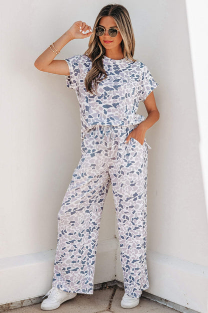 Beige Camouflage Print Twisted Rib Loose Tee Drawstring Pants Set