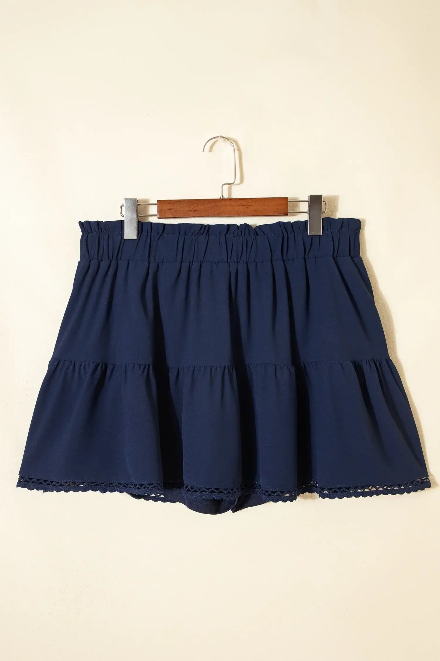 Navy Blue Plus Size Frilled Elastic Waist Lace Trim Boho Ruffled Shorts - Sweet Fashion Wholesale