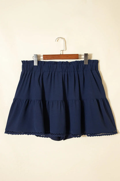 Navy Blue Plus Size Frilled Elastic Waist Lace Trim Boho Ruffled Shorts - Sweet Fashion Wholesale