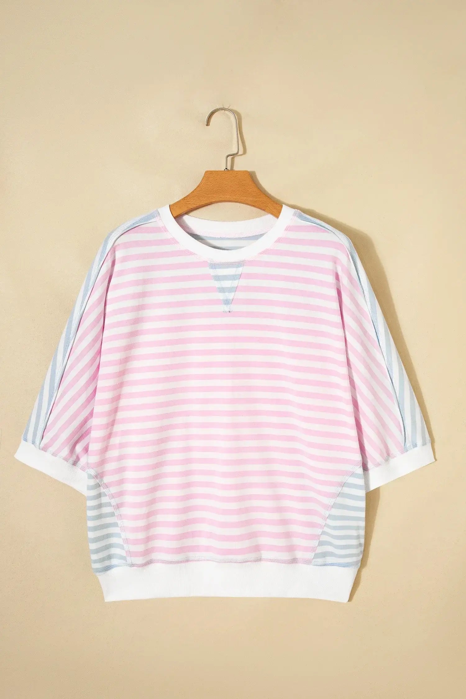 Casual Stripe Oversize Dolman Sleeve Patchwork T Shirt - Sweet Fashion Wholesale