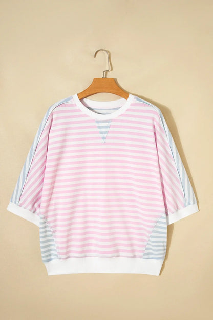 Casual Stripe Oversize Dolman Sleeve Patchwork T Shirt - Sweet Fashion Wholesale