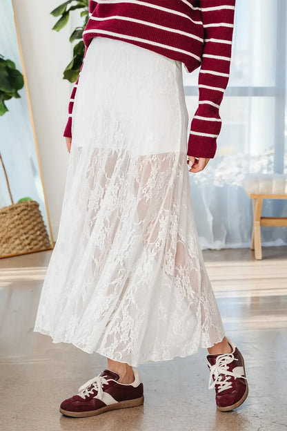 White Sheer Floral Lace Flowy Maxi Skirt - Sweet Fashion Wholesale