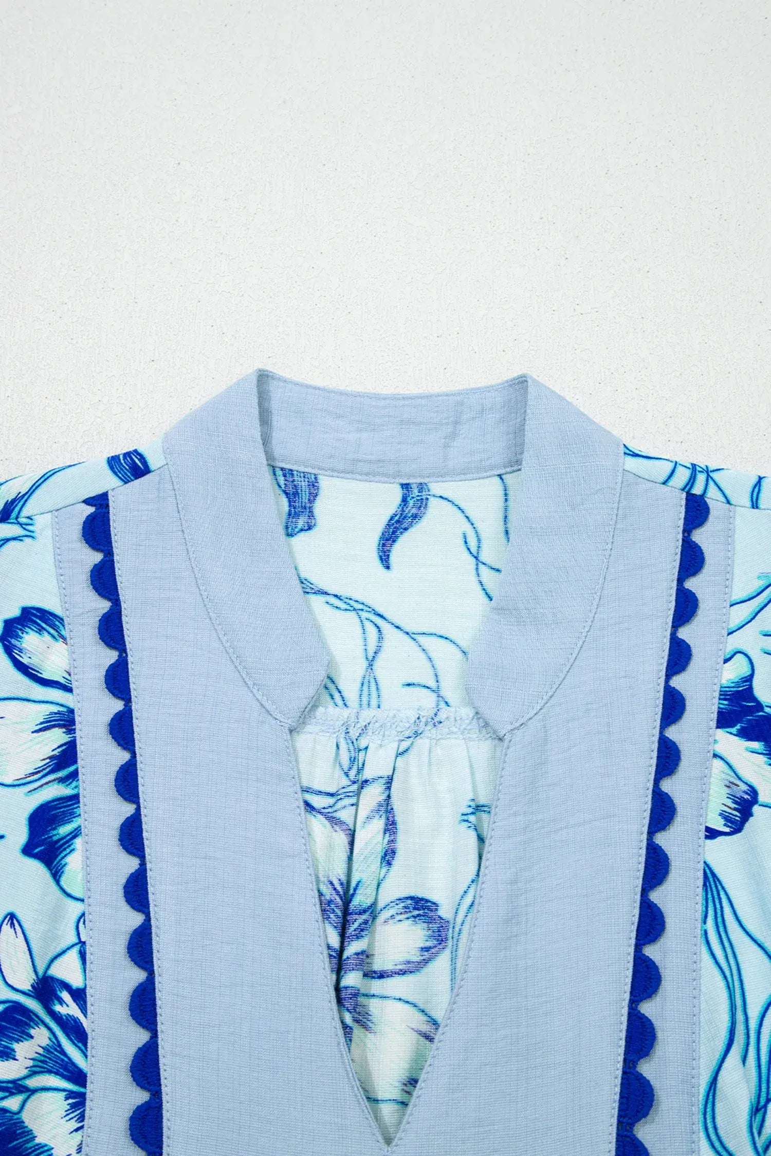 Sky Blue Ricrac Trim Slit V Neck Short Sleeve Floral Blouse - Sweet Fashion Wholesale