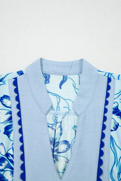 Sky Blue Ricrac Trim Slit V Neck Short Sleeve Floral Blouse - Sweet Fashion Wholesale