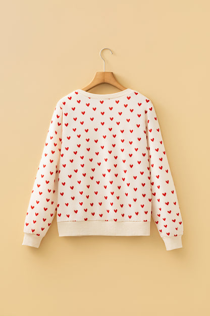 Beige Heart Print Round Neck Long Sleeve Regular Fit Sweatshirt