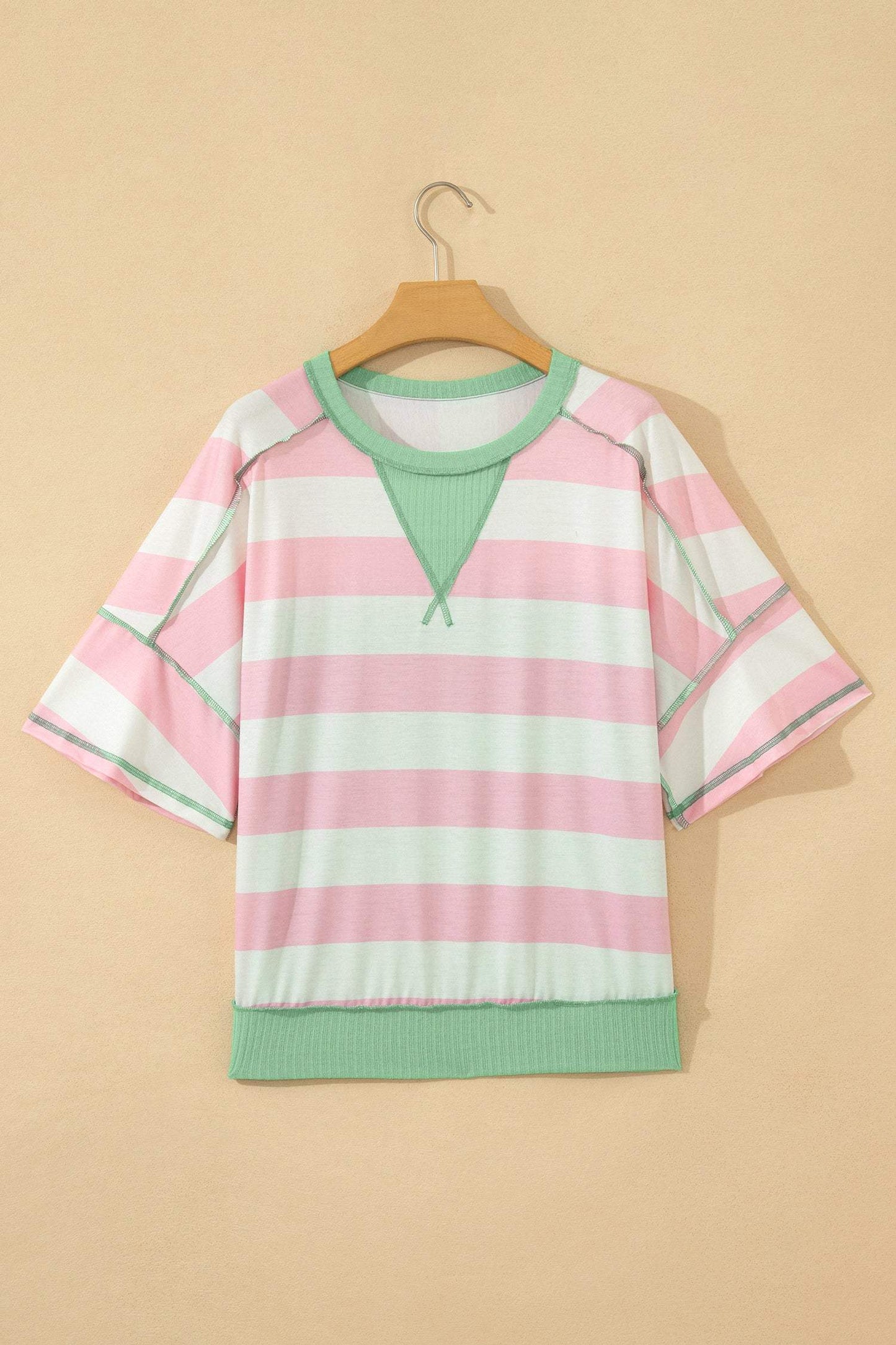 Green Stripe Exposed Seam Ribbed Patchwork Oversized Tee