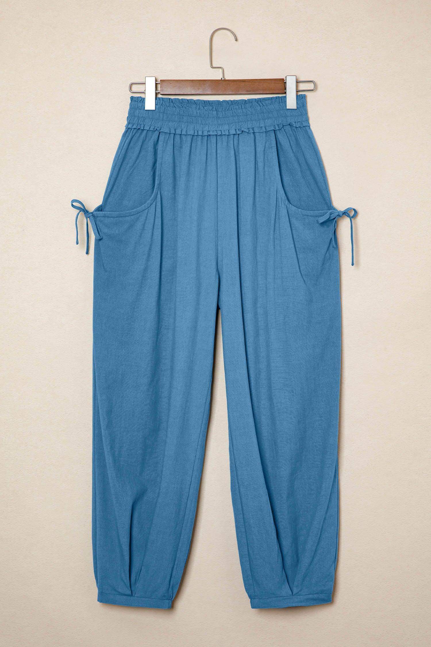 Prussian Blue Smocked Waist Casual Jogger Style Pants - Sweet Fashion Wholesale