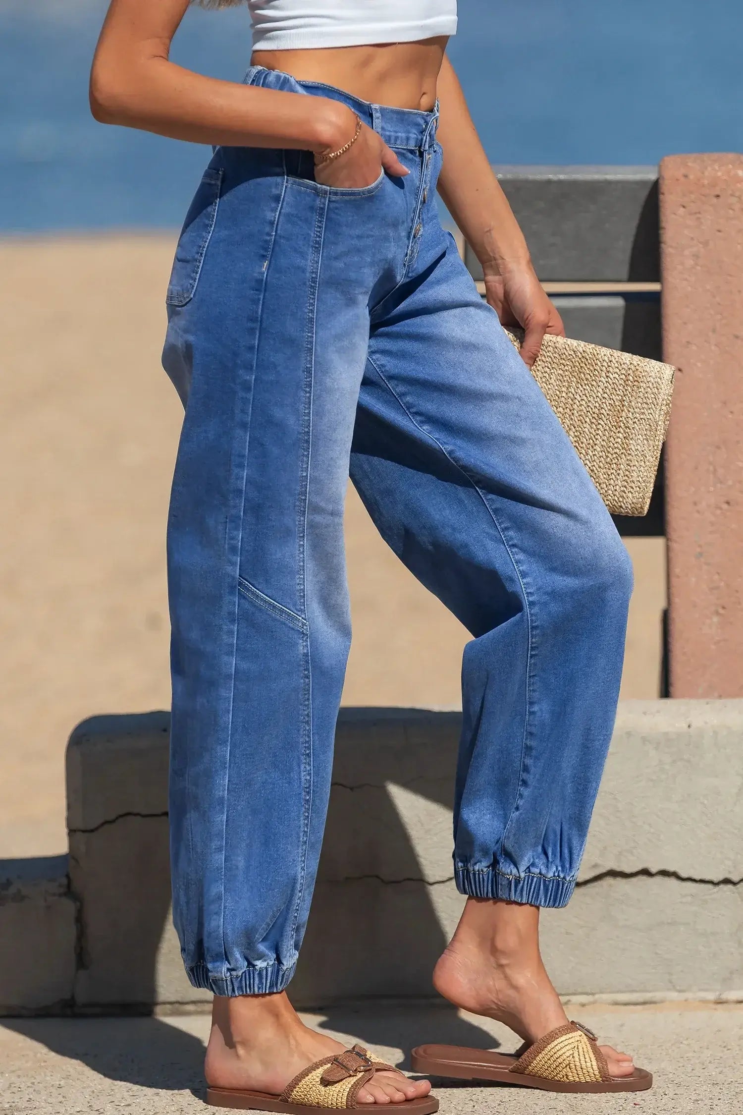 Blue 4 Buttons Front Tapered Casual Loose Fit Jeans - Sweet Fashion Wholesale