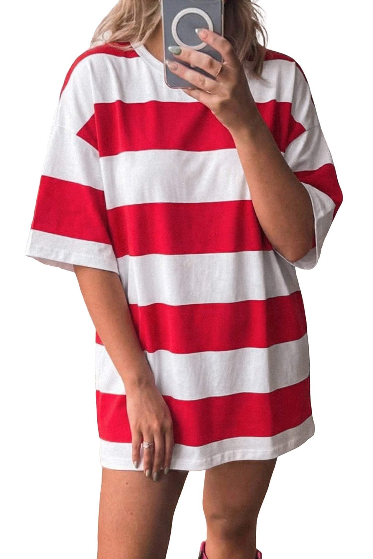 Bright Pink Striped Color Block Oversize Tunic Tee