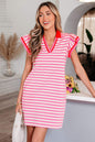 Sachet Pink Stripe Print Contrast Collar Split Neck Flutter Sleeve Short Dress