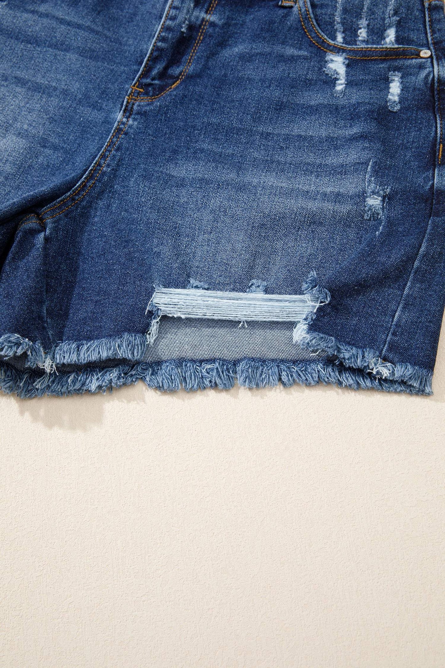 Sail Blue Asymmetric Raw Hem Distressed Whiskery Denim Shorts